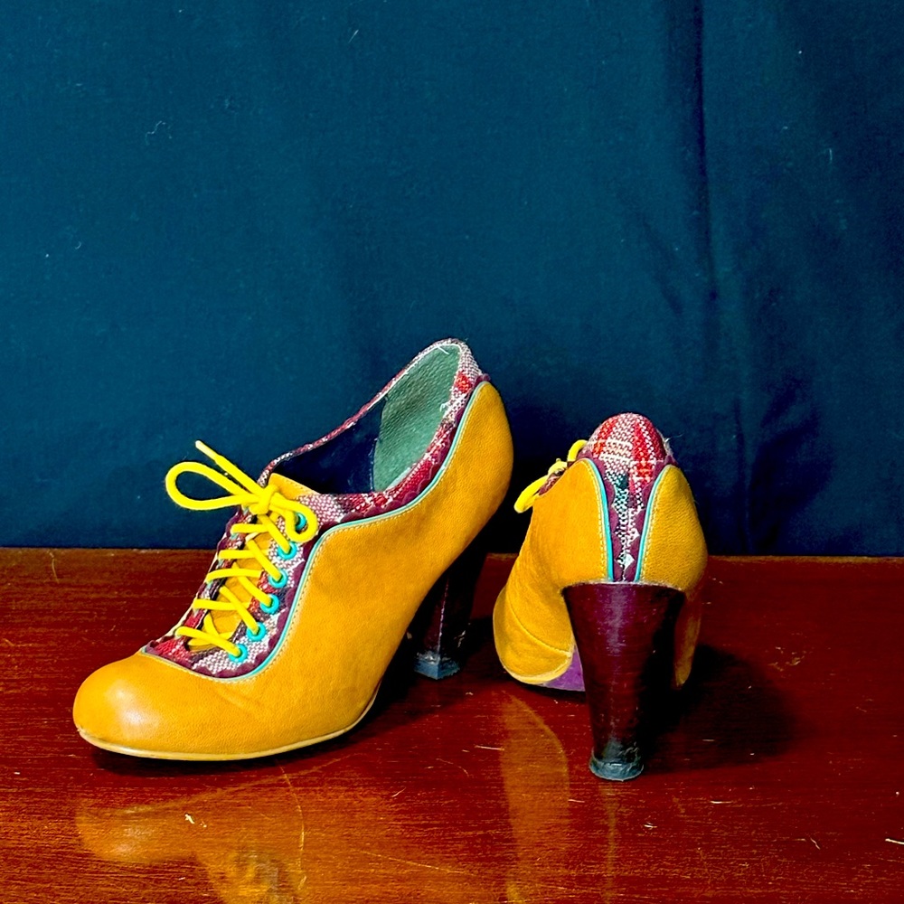 Poetic License Mustard Leather with Red Plaid Bootie